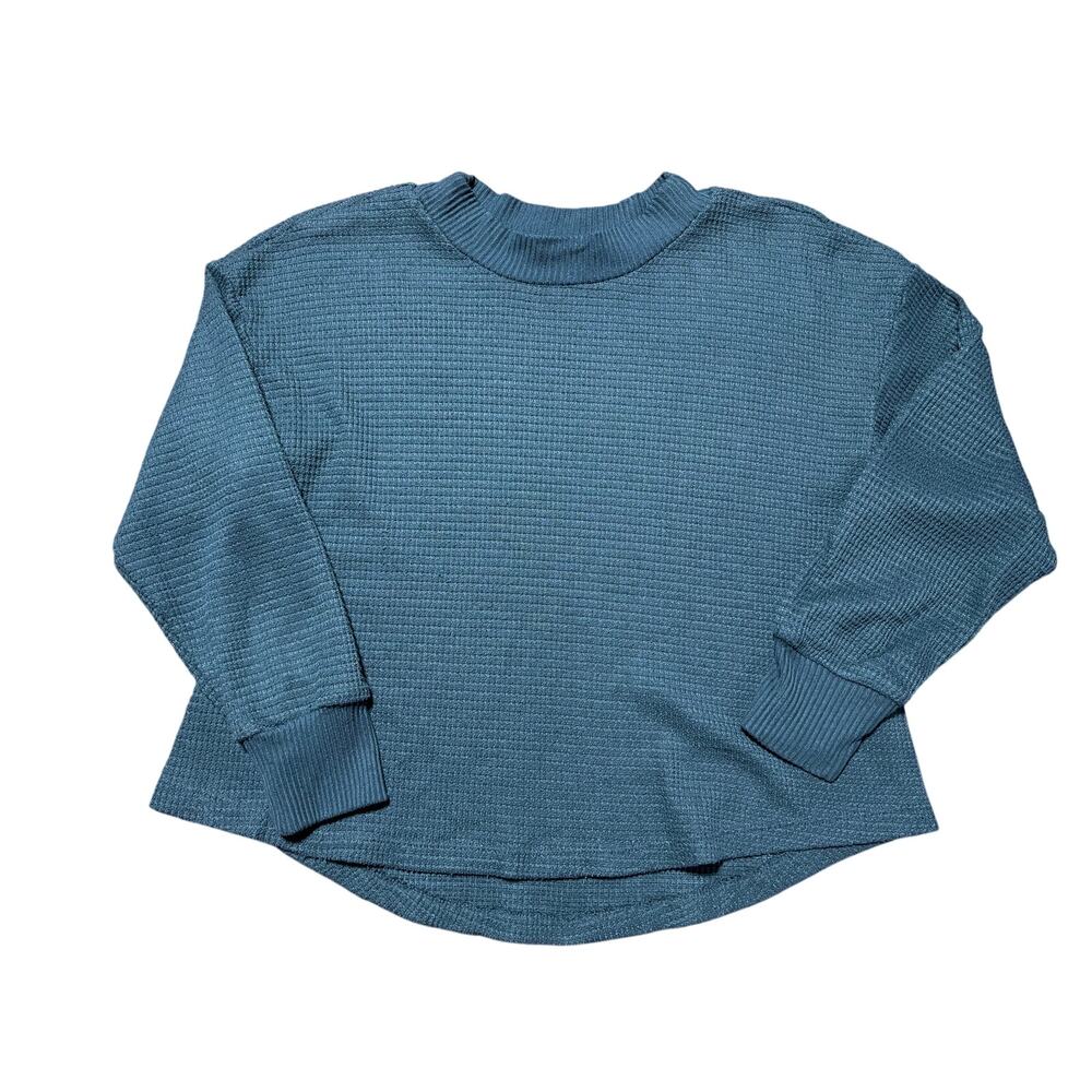 Sonoma Womens Petite M Emerald Green Waffle Knit Cropped Relaxed Top